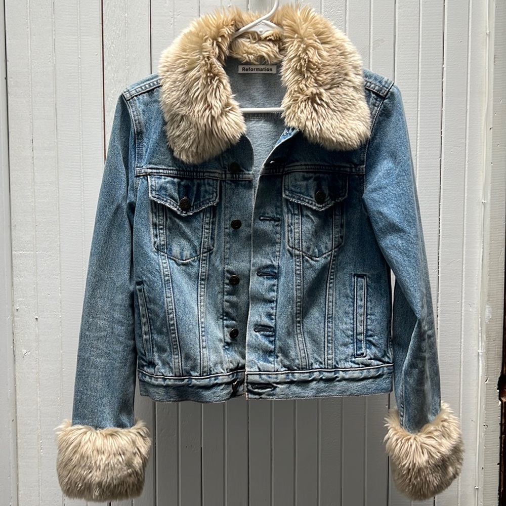 Reformation faux fur trimmed denim jacket
